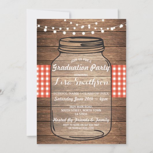 Rustieke Graduation Party Jar Wood Red Gingham Kaart (Voorkant)