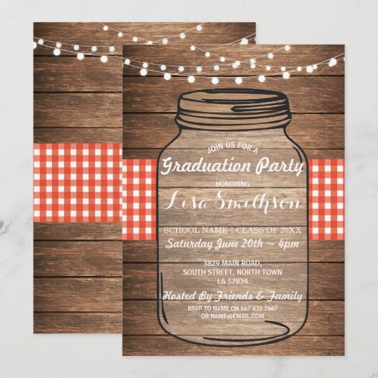 Rustieke Graduation Party Jar Wood Red Gingham Kaart (Voorkant / Achterkant)