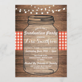Rustieke Graduation Party Jar Wood Red Gingham Kaart