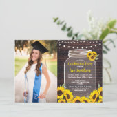 Rustieke Graduation Party Jar Wood Zonnebloem Foto Kaart (Staand voorkant)