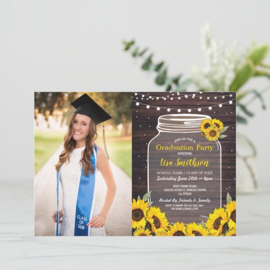 Rustieke Graduation Party Jar Wood Zonnebloem Foto Kaart (Staand voorkant)