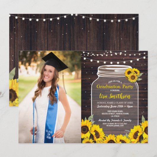 Rustieke Graduation Party Jar Wood Zonnebloem Foto Kaart (Voorkant / Achterkant)