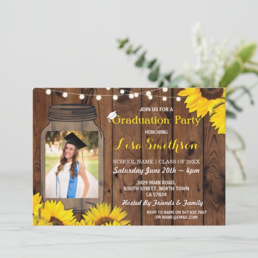 Rustieke Graduation Party Jar Wood Zonnebloem Foto Kaart (Staand voorkant)