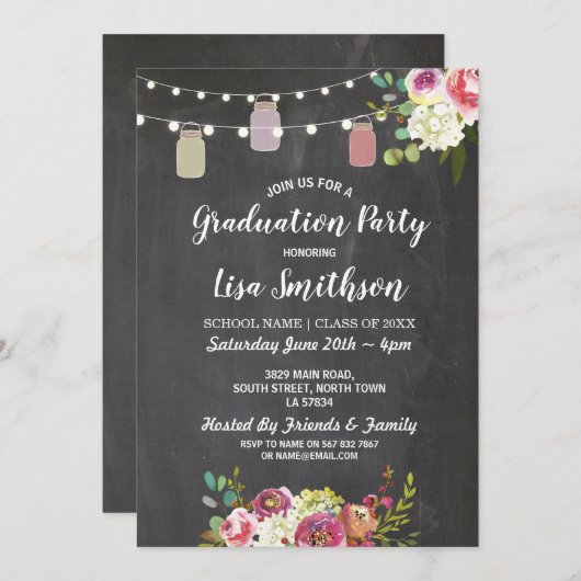 Rustieke Graduation Party Jars Krijt Bloemen Uitno Kaart (Voorkant / Achterkant)