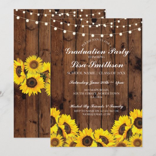 Rustieke Graduation Party Zonnebloem Hout Uitnodig Kaart (Voorkant / Achterkant)