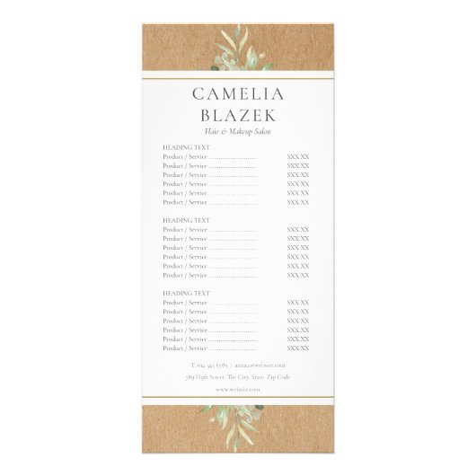 Rustieke Green Salon Service Menu Prijslijst (Voorkant)