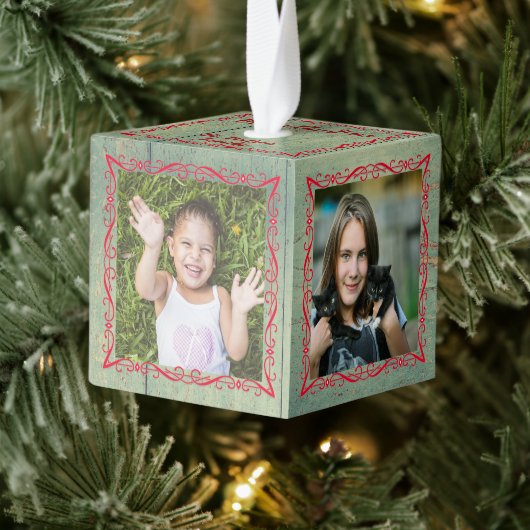 Rustieke Green Wood Cube Foto Ornament (Boom)