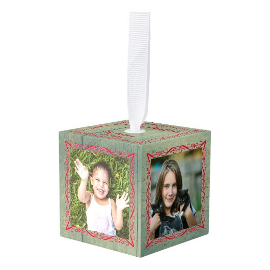 Rustieke Green Wood Cube Foto Ornament (Voorkant hoekig)