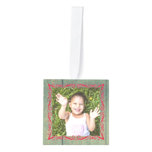 Rustieke Green Wood Cube Foto Ornament (Voorkant)