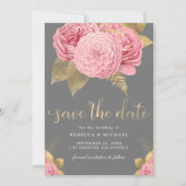 Rustieke Grijs Goud Stof Roze Bloemige Bruiloft Save The Date (Voorkant)