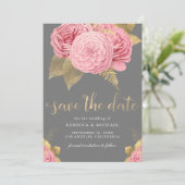 Rustieke Grijs Goud Stof Roze Bloemige Bruiloft Save The Date (Staand voorkant)