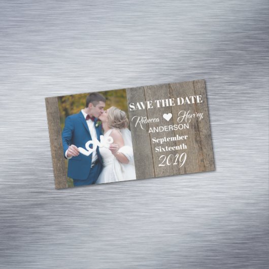 Rustieke grijze barnwood bruiloft save the date magnetisch visitekaartje (Voorbeeld)