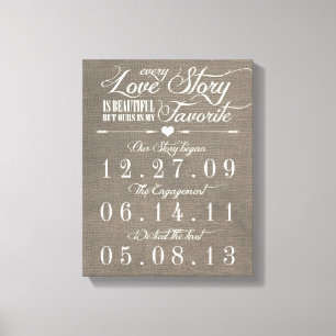 Rustieke Grijze Burlap Story Bruiloft Datum Canvas Afdruk