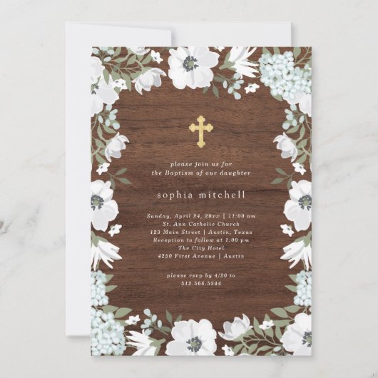 Rustieke grijze en witte bloemenhouten look | doop kaart (Voorkant)