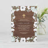 Rustieke grijze en witte bloemenhouten look | doop kaart (Staand voorkant)