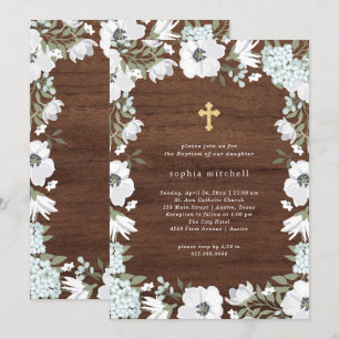 Rustieke grijze en witte bloemenhouten look doop kaart