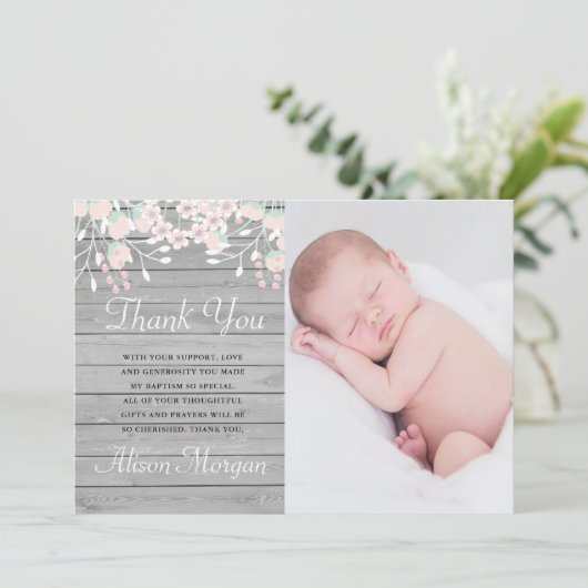 Rustieke grijze hout blush bloesem dank u kaart (Staand voorkant)
