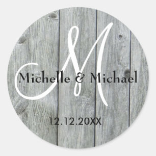 Rustieke Grijze Houten Bruid en Groom Monogram Ronde Sticker