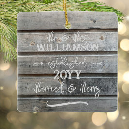 Rustieke grijze schuur eerste getrouwde kerstfoto keramisch ornament