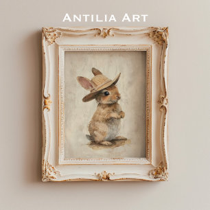 Rustieke grillige dierlijke kunst konijn met stro  poster
