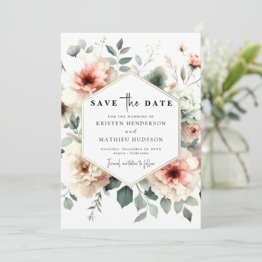 Rustieke grillige perzik bruiloft save the date (Staand voorkant)