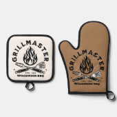 Rustieke GRILLMASTER Custom Bruin en Wit Ovenwant & Pannenlap Set (Voorkant)