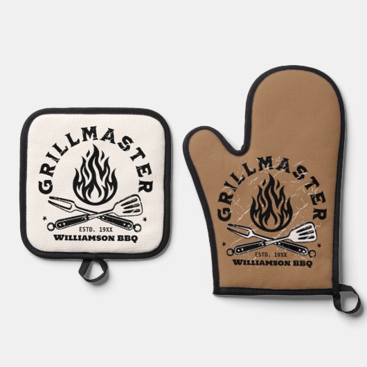 Rustieke GRILLMASTER Custom Bruin en Wit Ovenwant & Pannenlap Set (Voorkant)
