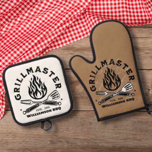 Rustieke GRILLMASTER Custom Bruin en Wit Ovenwant & Pannenlap Set