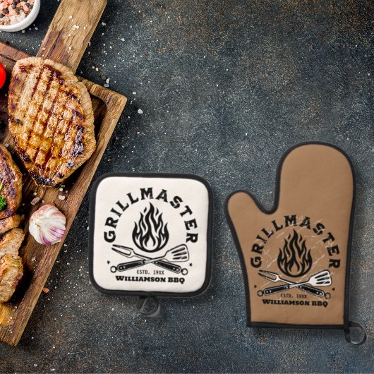 Rustieke GRILLMASTER Custom Bruin en Wit Ovenwant & Pannenlap Set