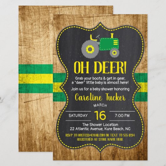 Rustieke Groen Gele Tractor Baby shower Invitation (Voorkant / Achterkant)