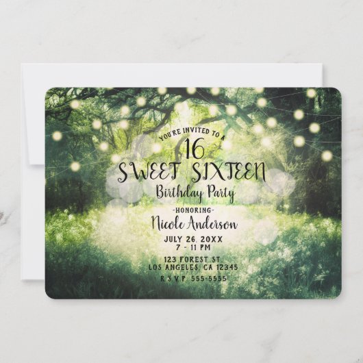 Rustieke groene betoverde boslichten Sweet 16 Kaart (Voorkant)