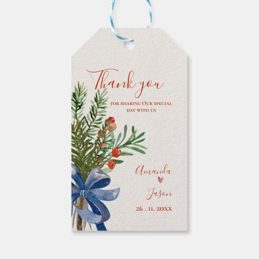 Rustieke groene bladeren rode bessen kerst bruilof cadeaulabel (Achterkant)