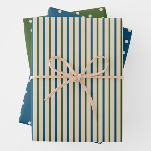 Rustieke Groene Blauwe Cream Polka Dots en Stripes Inpakpapier Vel (In situ)