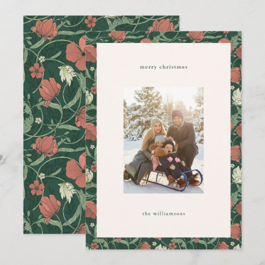  rustieke groene bloemenkerst familiefoto feestdagenkaart (Voorkant / Achterkant)
