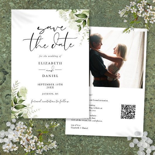 Rustieke groene bloemige foto QR-code bruiloft Save The Date
