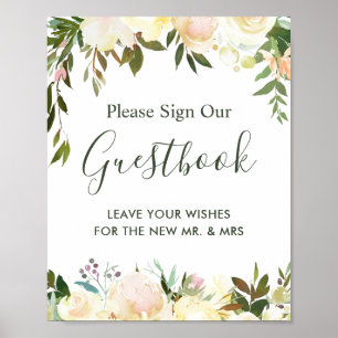 Rustieke groene bloemige trouwgastenboek bord poster