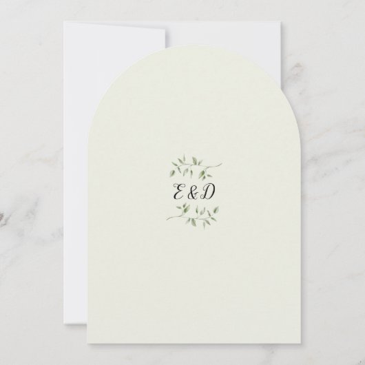 Rustieke groene bloemstuk gouden boog monogram bru kaart (Achterkant)