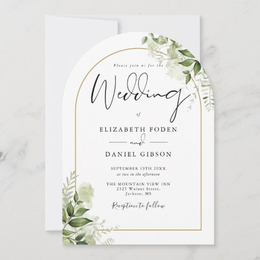 Rustieke groene bloemstuk gouden boog monogram bru kaart (Voorkant)