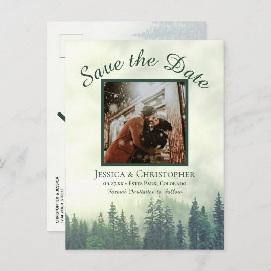 Rustieke Groene Bos Bruiloft Save the Date Foto Aankondigingskaart (Voorkant / Achterkant)