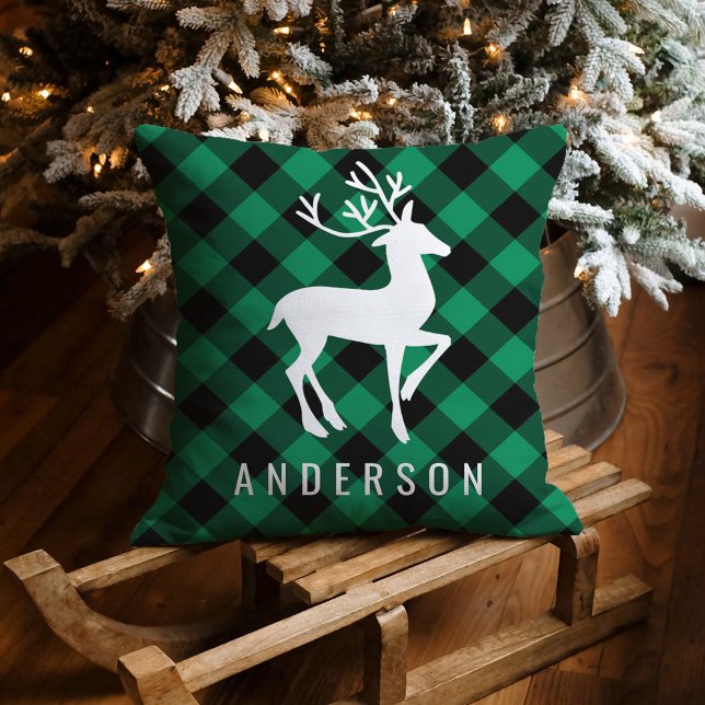 Rustieke groene Buffalo geruite herten Kerstmonogr Kussen (Creator heeft geüpload)