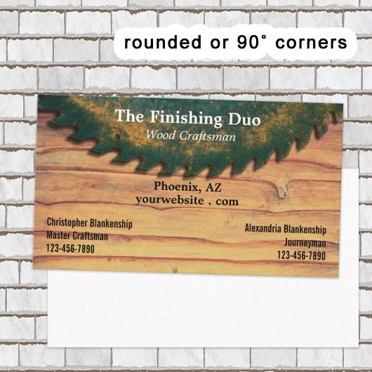 Rustieke groene cirkelzaag houtbewerking dubbele n visitekaartje