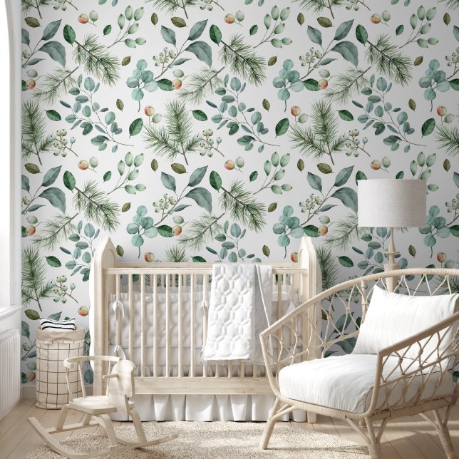 Rustieke groene dennen & bladpatroon behang (Kinderen)