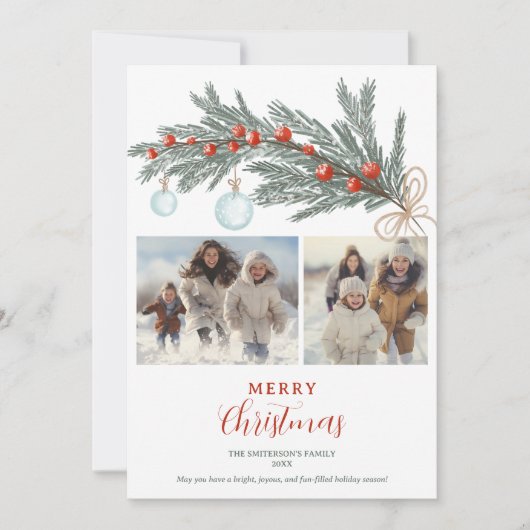 Rustieke groene dennen rood Merry Christmas 3 foto Feestdagenkaart (Voorkant)