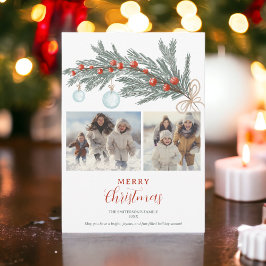 Rustieke groene dennen rood Merry Christmas 3 foto Feestdagenkaart