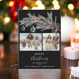 Rustieke groene dennen rood Merry Christmas 3 foto Feestdagenkaart