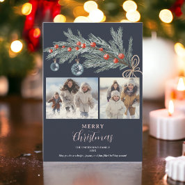 Rustieke groene dennen rood Merry Christmas 3 foto Feestdagenkaart