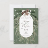 Rustieke groene dennen winter sparkle bruiloft save the date (Voorkant)