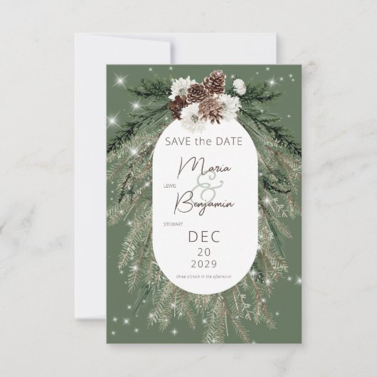 Rustieke groene dennen winter sparkle bruiloft save the date (Voorkant)
