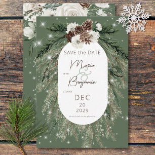 Rustieke groene dennen winter sparkle bruiloft save the date
