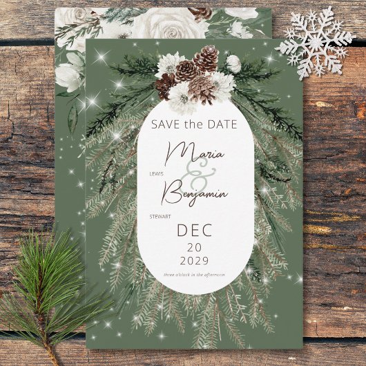 Rustieke groene dennen winter sparkle bruiloft save the date